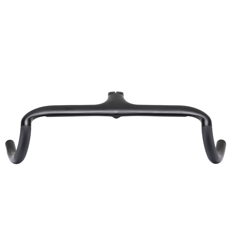 Matte black integrated carbon fiber bicycle handlebar with ergonomic grip areas.