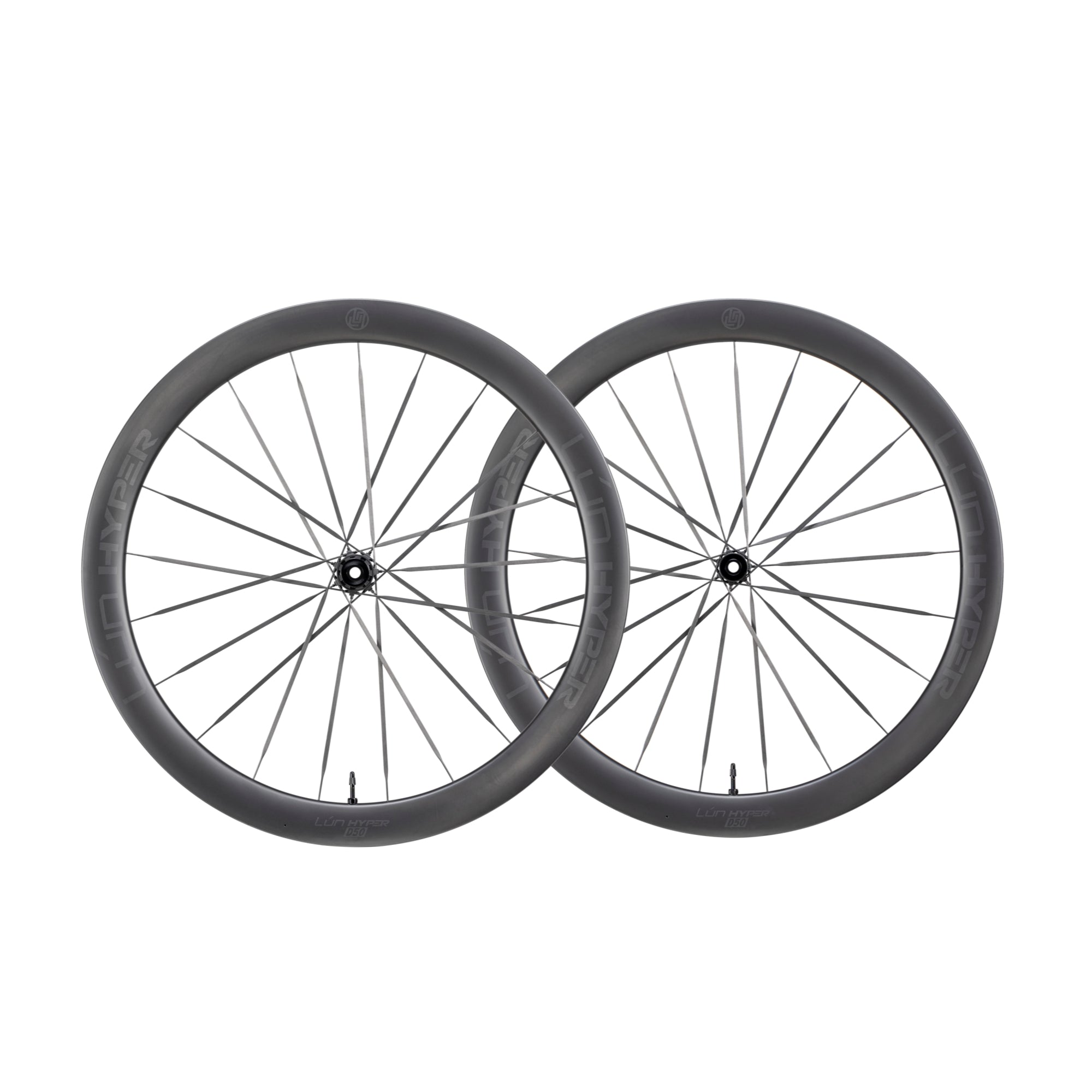 Pair of matte dark grey carbon fiber HYPER 5 bicycle wheels with thin spokes and visible "LUN HYPER D50" text on rim.
